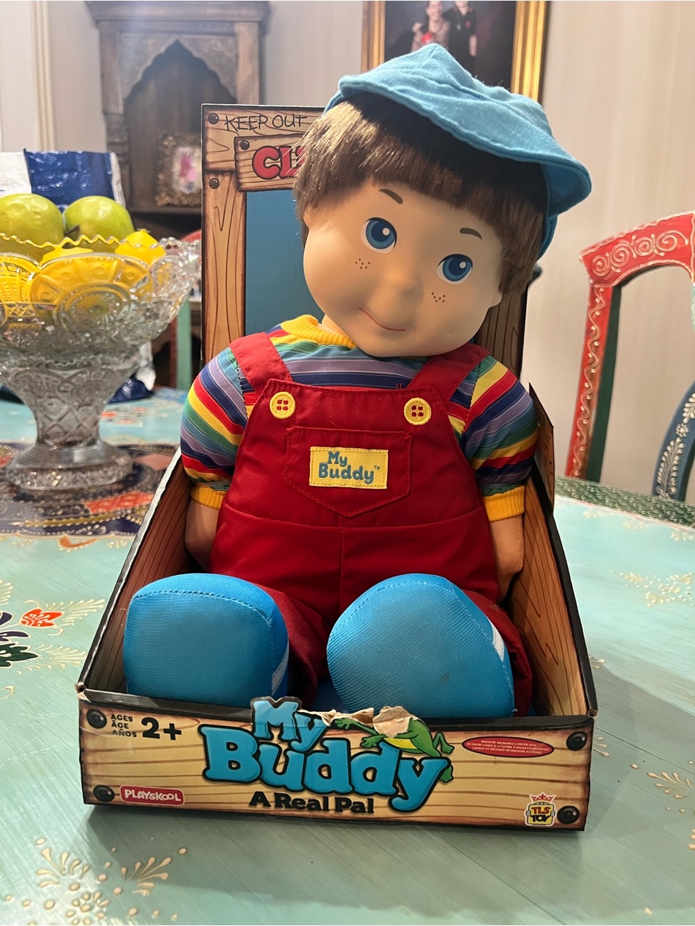 Plush Doll in Red Overalls and Blue Hat